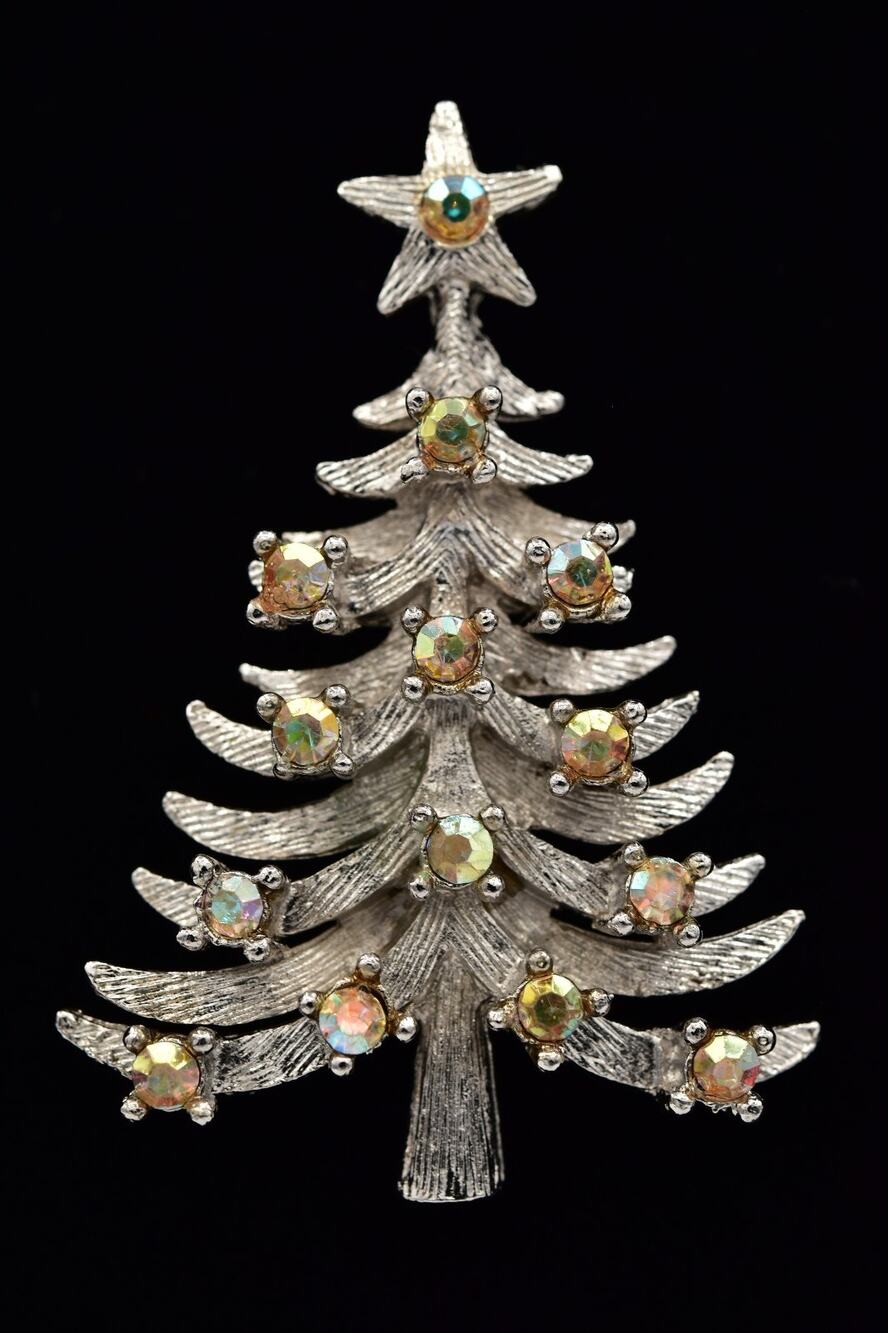 Mylu Vintage Christmas Tree Pin Brooch Aurora Borealis Crystal AB Signed BinBI